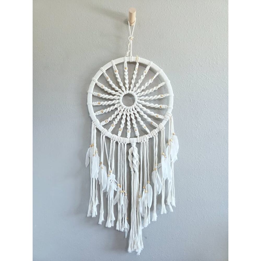 Large Woven White Macrame 15" Dia x 40" Long Dream Catcher With Feathers Beads